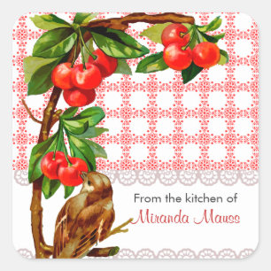 Personlig Land Vintage Bird and Cherries Fyrkantigt Klistermärke