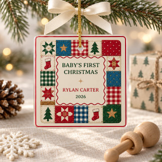 Personlig lapptäcke-quilt för baby:s första jul julgransprydnad keramik