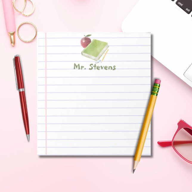 Personlig läraräpple och bok back to school anteckningsblock (Teacher Lined Notepad Personalized Watercolor book design)