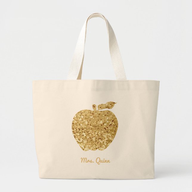 Personlig Lärare Guld Faux Sequin Apple Glam Jumbo Tygkasse (Framsidan)