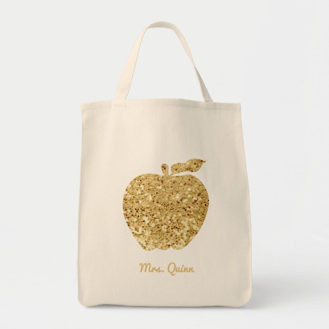 Personlig Lärare Guld Faux Sequin Apple Glam Jumbo Tygkasse (Framsidan)