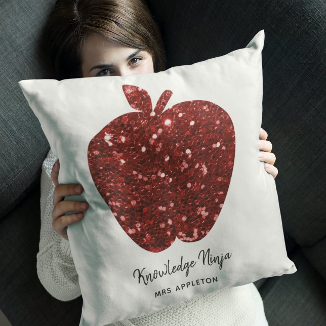Personlig Lärare Namn Red Apple Faux Glitter Kudde (Skapare uppladdad)