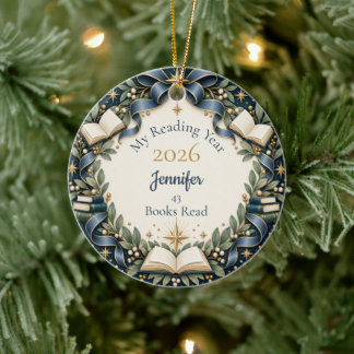 Personlig läsning år 2026 bokälskare julgransprydnad keramik
