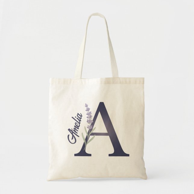 Personlig Lavendel Blommig A Monogram Tote Tygkasse (Framsidan)