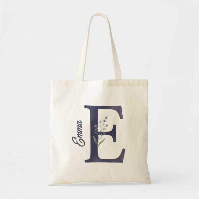 Personlig Lavendel Blommig E Monogram Totebag Tygkasse (Framsidan)