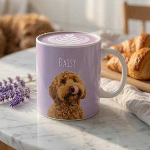 Personlig lavendel-färgad hundfoto-mugg med namn kaffemugg