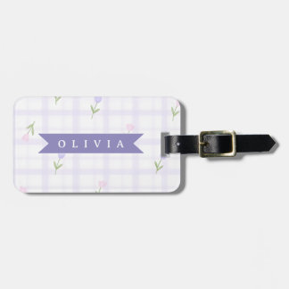 Personlig Lavendel Gingham Blommig Namnpresent Bagagebricka