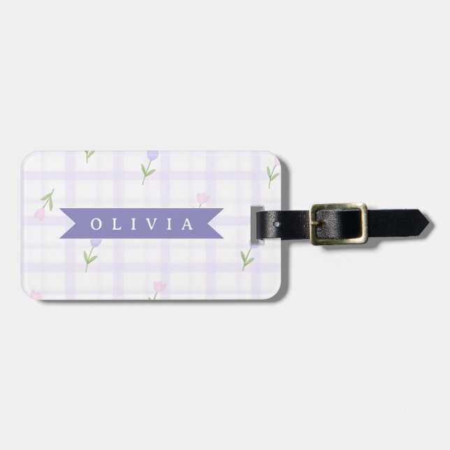 Personlig Lavendel Gingham Blommig Namnpresent Bagagebricka (Horisontell Framsida)