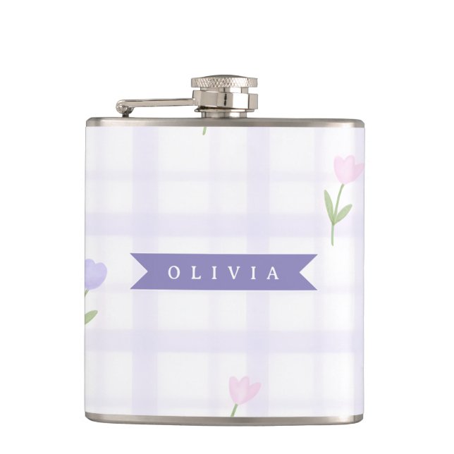 Personlig Lavendel Gingham Blommig Namnpresent Fickplunta (Framsidan)