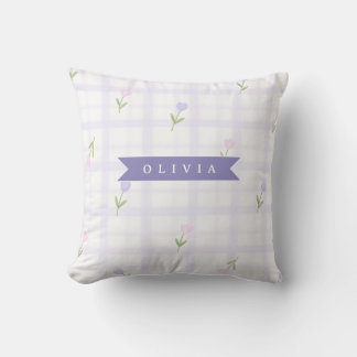 Personlig Lavendel Gingham Blommig Namnpresent Kudde