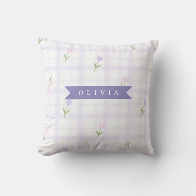 Personlig Lavendel Gingham Blommig Namnpresent Kudde (Framsida)