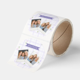 Personlig Lavendel Gingham Blommig Namnpresent Runt Klistermärke