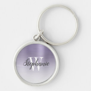 Personlig Lavender Brushed Metall Monogram Rund Silverfärgad Nyckelring