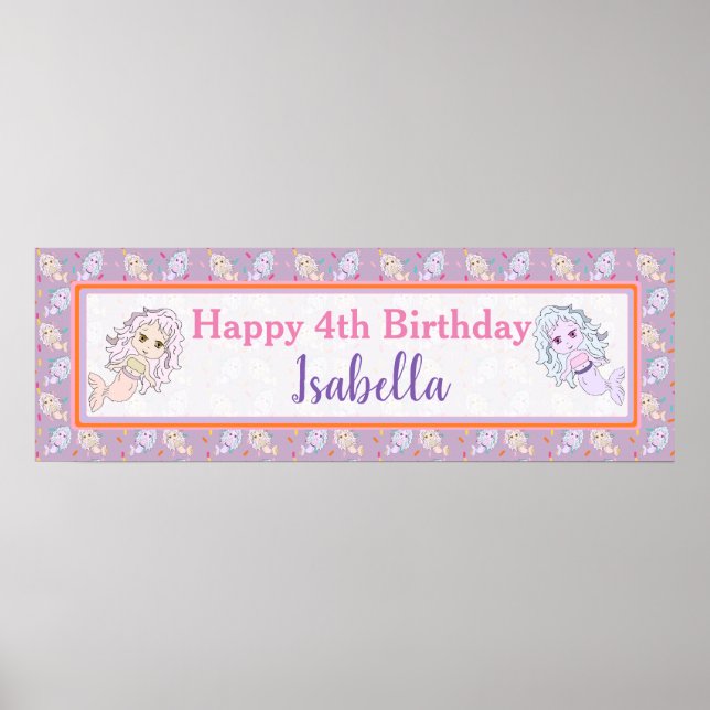 Personlig Lavender Sjöjungfru Birthday Banner Poster (Framsidan)