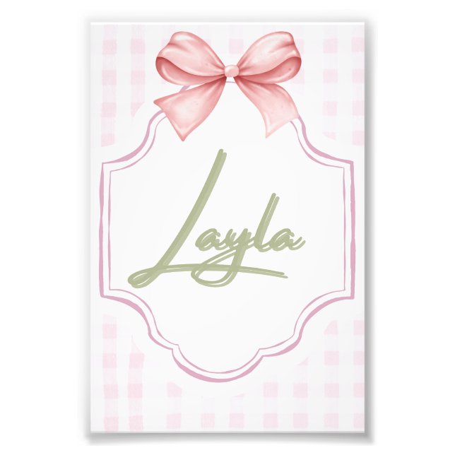 Personlig Layla Flicka Nursery Bow&Gingham Fototryck (Framsidan)