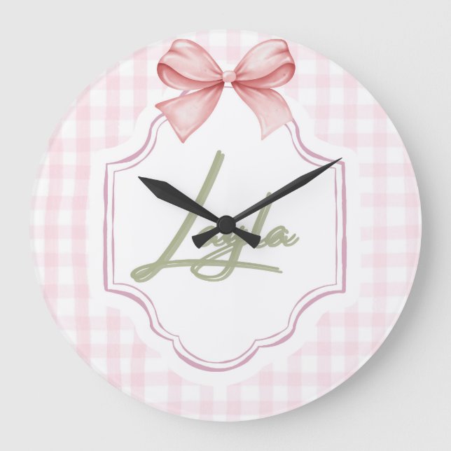 Personlig Layla Flicka Nursery Bow&Gingham Stor Klocka (Framsida)