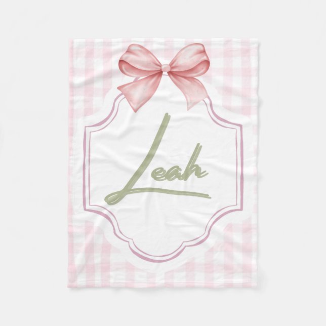 Personlig Leah Flicka Nursery Bow&Gingham Fleecefilt (Framsidan)