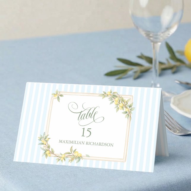 Personlig Lemon Coastal Stripe Bröllop Placeringskort (mediterranean lemon coastal pale blue stripe wedding table place card with custom guest name)