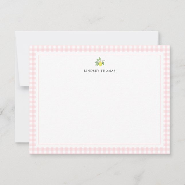 Personlig Lemon Pink Gingham Kant Anteckningskort (Framsida)