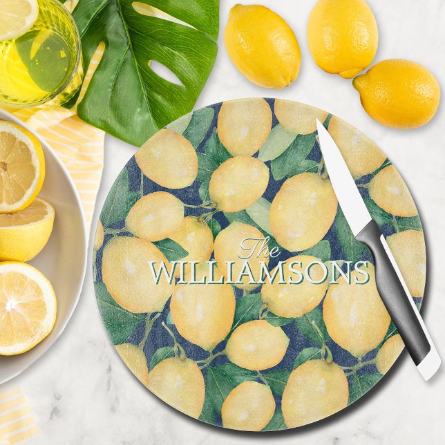Personlig Lemons Greenery Navy Blue (Personalized Lemons and Greenery on Navy Blue Round Glass Cutting Board)