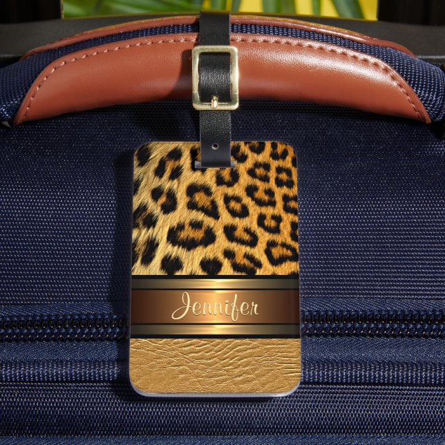 Personlig Leopardsminkad Guld Falsk Läder Bagagebricka (Framsida Insitu 2)