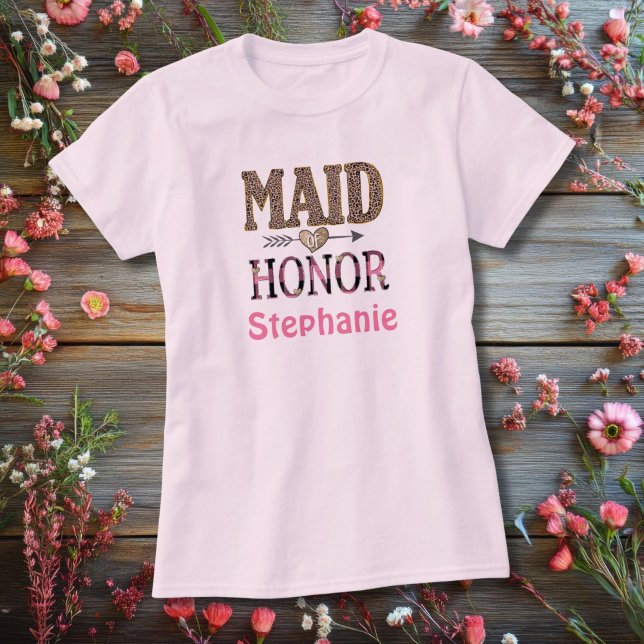 Personlig leopardtryck Brudtärna-gåva   T Shirt (Maid of Honor Pink Leopard print Personalized T-shirt)