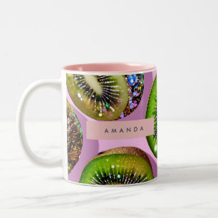 Personlig levande glitterkiwi Pop Art-design Två-Tonad Mugg