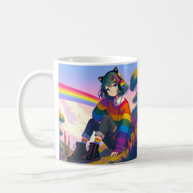 Personlig LGBTQIA+ Anime-tjej Lesbisk Stolthet Kaffemugg (Vänster)