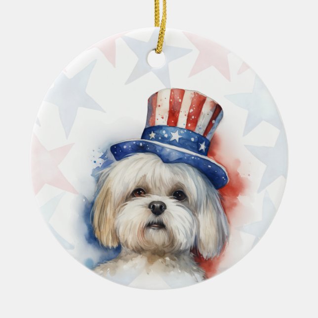 Personlig Lhasa Apso Hund, 4:e juli Julgransprydnad Keramik (Framsidan)