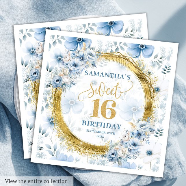 Personlig Light Blue Sweet sixteen Guld Glitter Pappersservett (Personalized Light Blue Sweet Sixteen Gold Glitter Napkins)