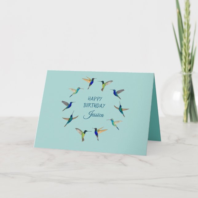Personlig Light Teal Hummingbird Grattis på födels Kort (Framsida)