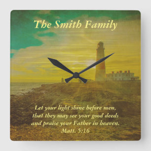 Personlig Lighthouse Sunset Bible Verse Clock Fyrkantig Klocka