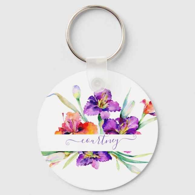 Personlig lila akvarell Iris Nyckelring (Framsida)