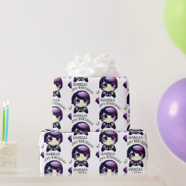 Personlig Lila Anime Gamer Girl Birthday Presentpapper