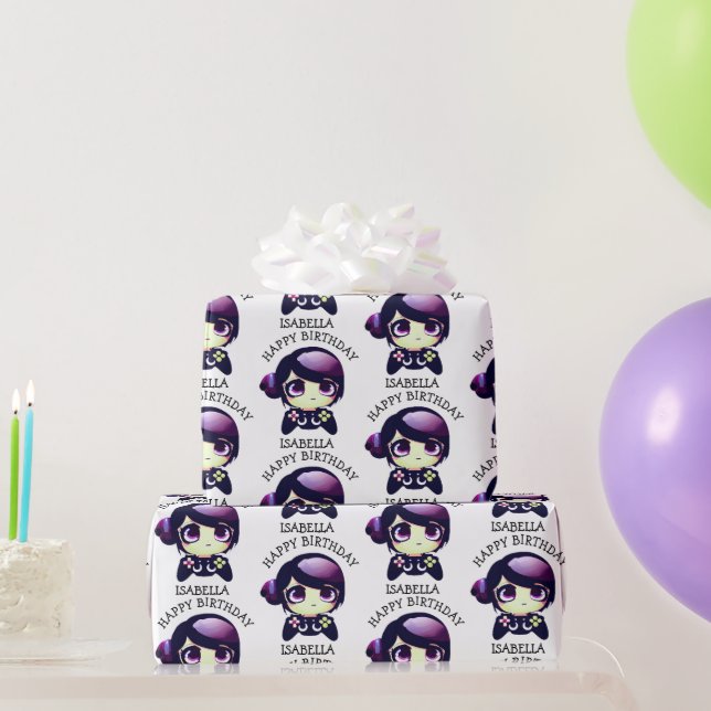 Personlig Lila Anime Gamer Girl Birthday Presentpapper (Festgåvor)