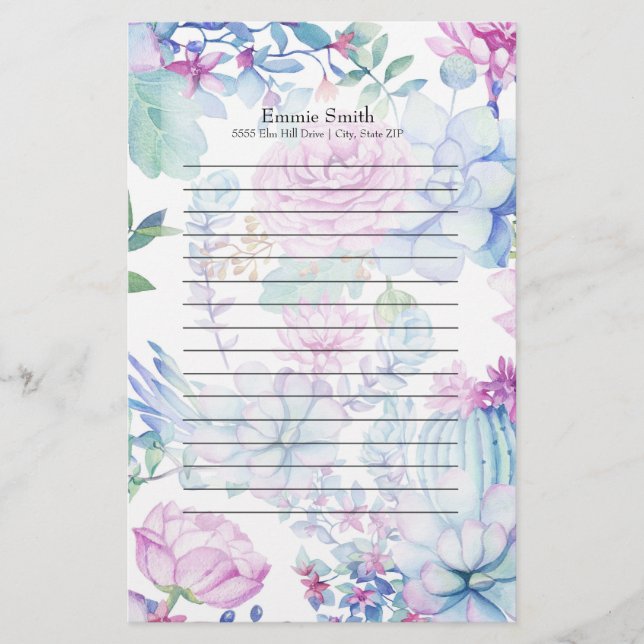 Personlig Lila Blå Kaktus och Blommig Vit Brevpapper (Framsida)