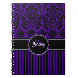 Personlig Lila Black White Stripe Damask Anteckningsbok Med Spiral