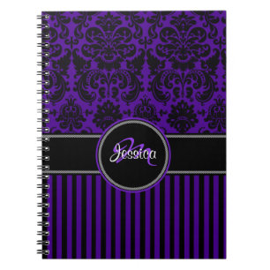 Personlig Lila Black White Stripe Damask Anteckningsbok Med Spiral