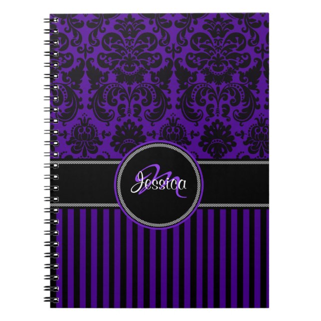 Personlig Lila Black White Stripe Damask Anteckningsbok Med Spiral (Framsidan)