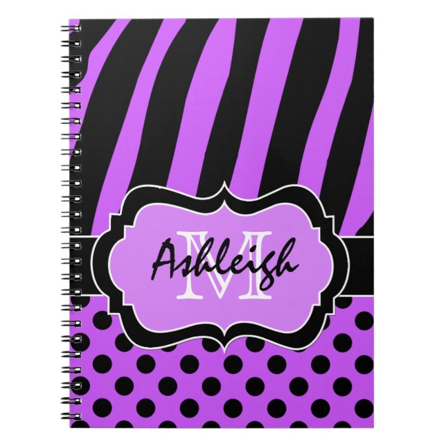Personlig Lila Black White Stripe Polka dots Anteckningsbok Med Spiral (Framsidan)