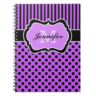 Personlig Lila Black White Stripe Polka dots Anteckningsbok Med Spiral
