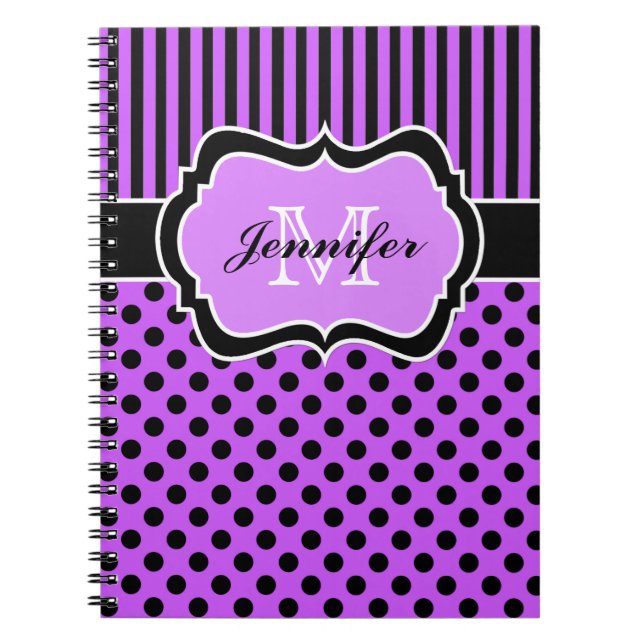 Personlig Lila Black White Stripe Polka dots Anteckningsbok Med Spiral (Framsidan)