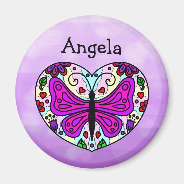Personlig Lila Butterfly Heart Mandala Magnet (Framsidan)