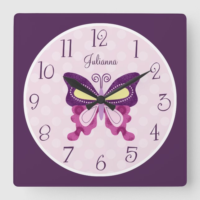 Personlig Lila Butterfly Nursery Clock Fyrkantig Klocka (Framsida)