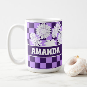 Personlig Lila Checkerboard för höstblommor Kaffemugg