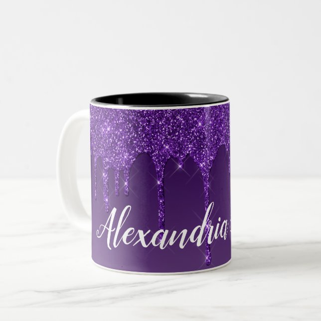 Personlig Lila Dripping Glitter Två-Tonad Mugg (Framsida vänster)