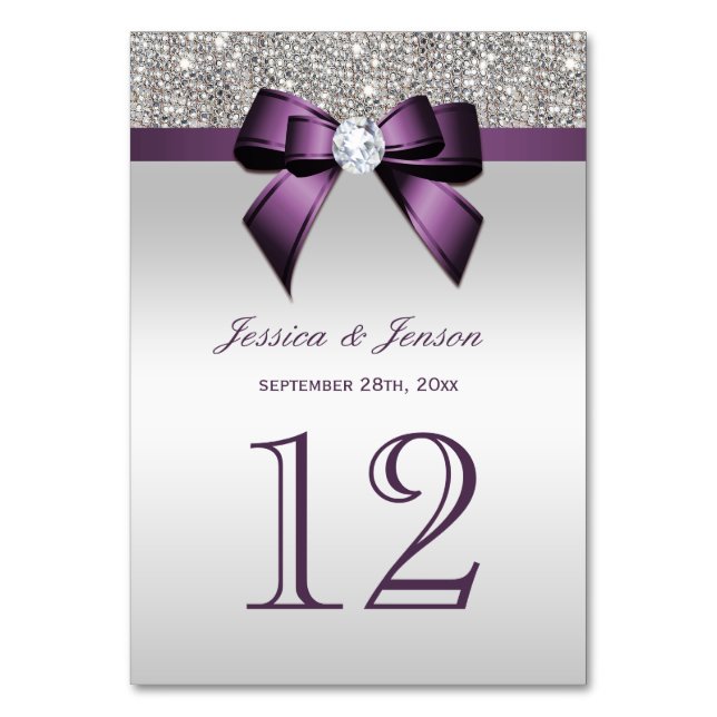 Personlig Lila Faux Bow Silver Sequins Bordsnummer (Framsidan)