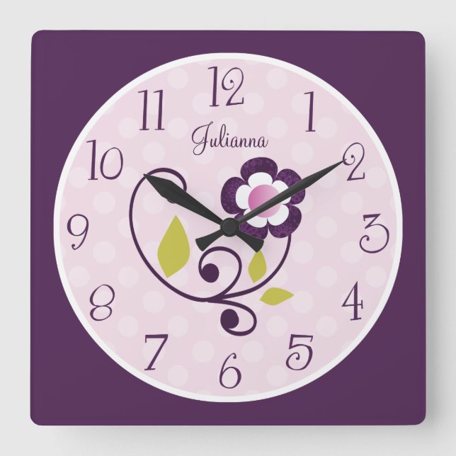 Personlig Lila Flower Nursery Clock Fyrkantig Klocka (Framsida)