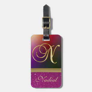 Personlig Lila Glitter Guld Monogram Brev N Bagagebricka