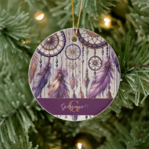 Personlig Lila & Guld Boho Dreamcatchers Julgransprydnad Keramik